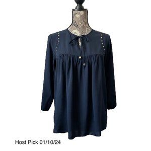MICHAEL Michael Kors Women' XS Navy Blue/Gold 3/4 Sleeves Relaxed Fit Blouse Top